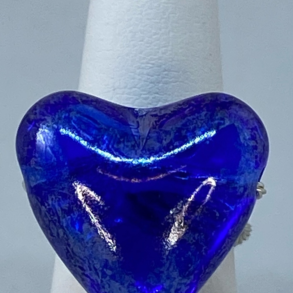 Handmade Blue Heart on Twisted Silver Tone Ring - Picture 3 of 15